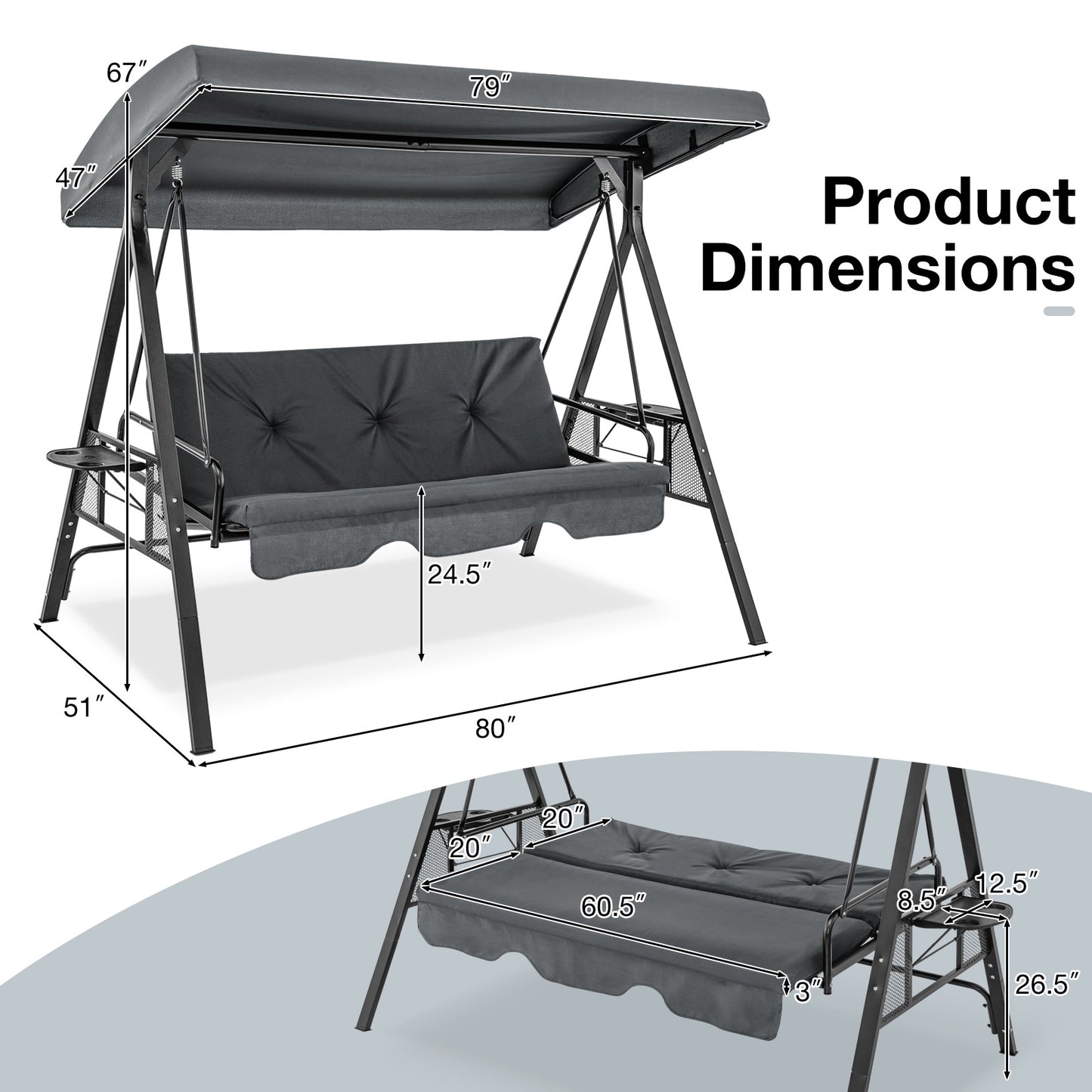 3-Seat Convertible Porch Swing with Adjustable Canopy