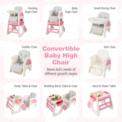 Convertible Baby High Chair with Double-layer Tray and Adjustable Backrest-Pink