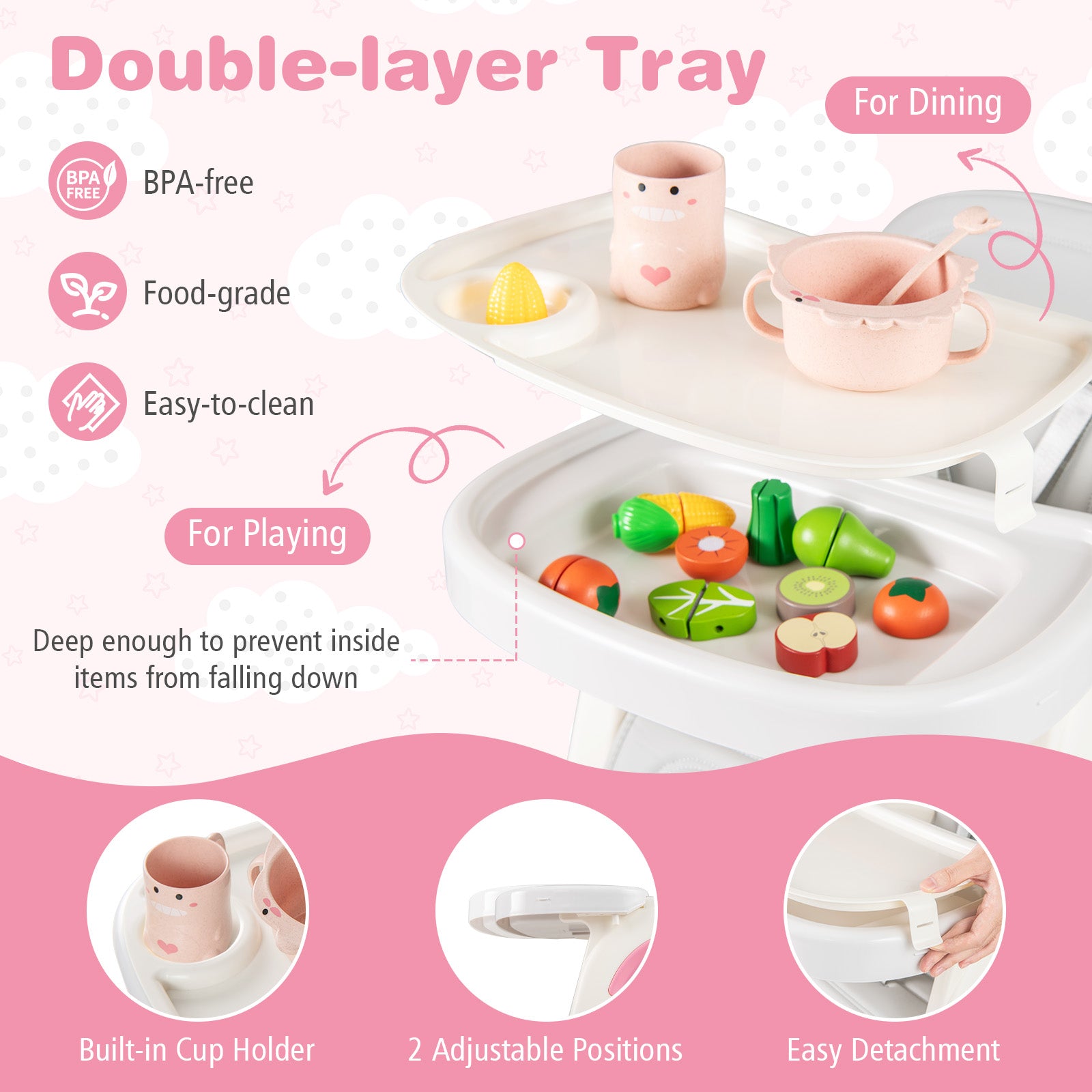 Convertible Baby High Chair with Double-layer Tray and Adjustable Backrest-Pink