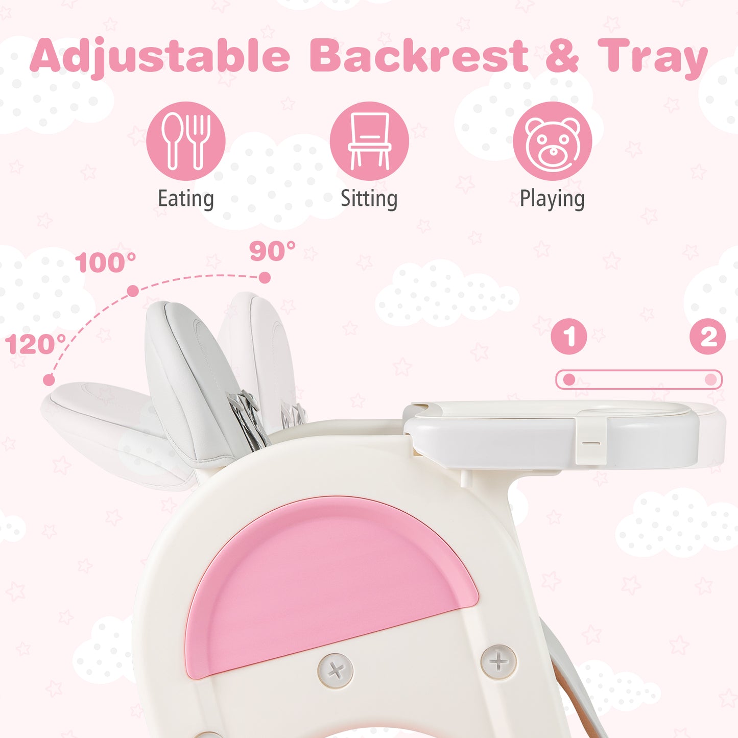 Convertible Baby High Chair with Double-layer Tray and Adjustable Backrest-Pink