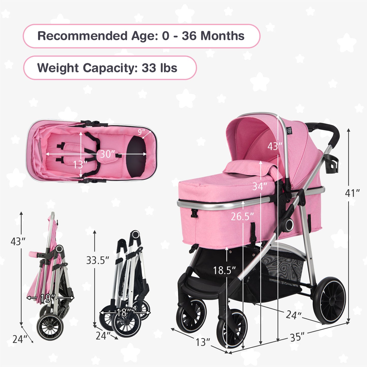 2-in-1 Convertible Baby Stroller with Reversible Seat-Gray - Pink