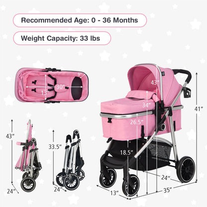 2-in-1 Convertible Baby Stroller with Reversible Seat-Gray - Pink