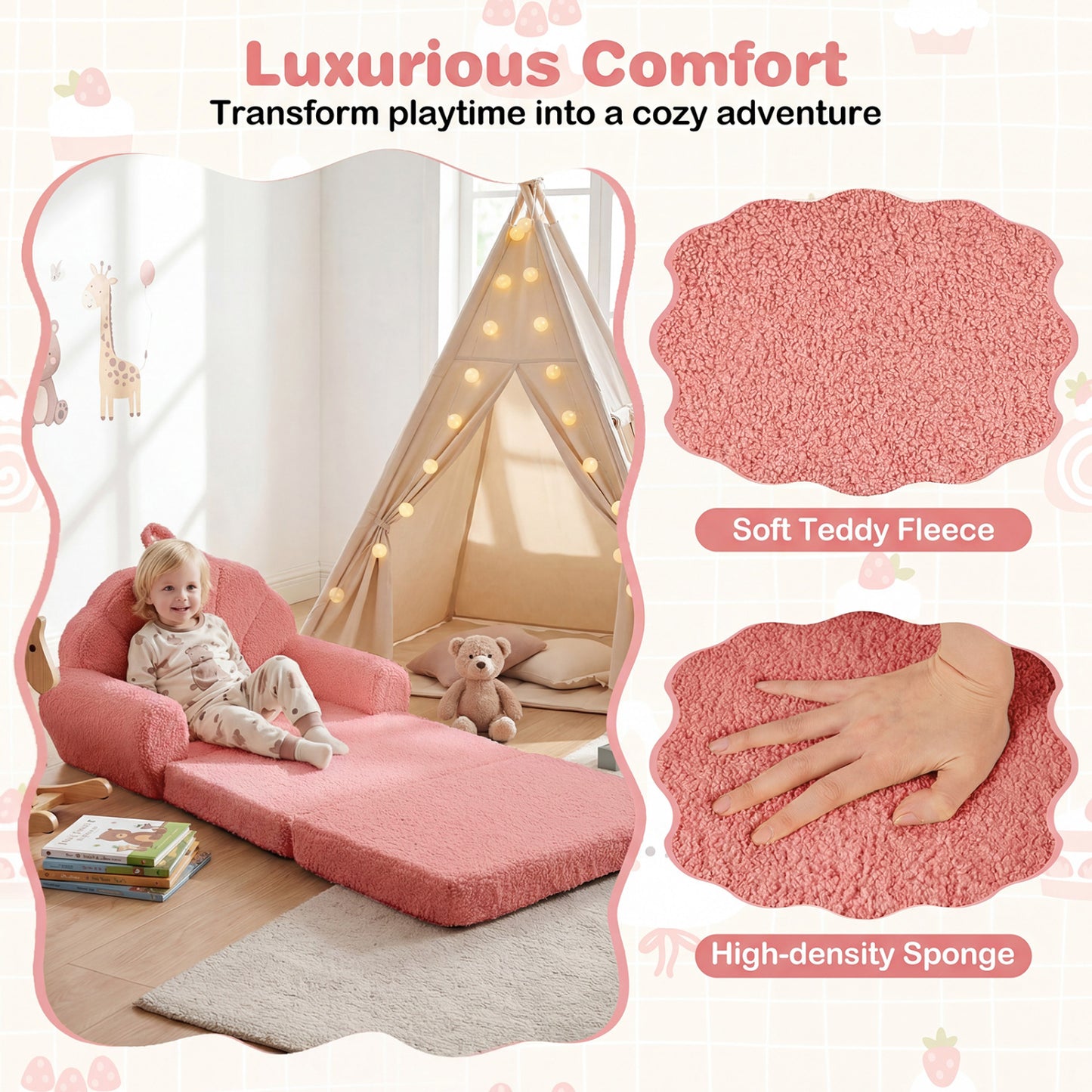 Convertible Kids Sofa 2-in-1 Fold out Toddler Couch Chair-Pink