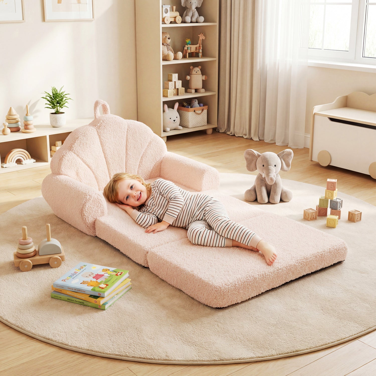 Convertible Kids Sofa 2-in-1 Fold out Toddler Couch Chair-Beige