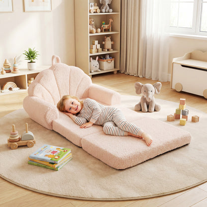 Convertible Kids Sofa 2-in-1 Fold out Toddler Couch Chair-Beige