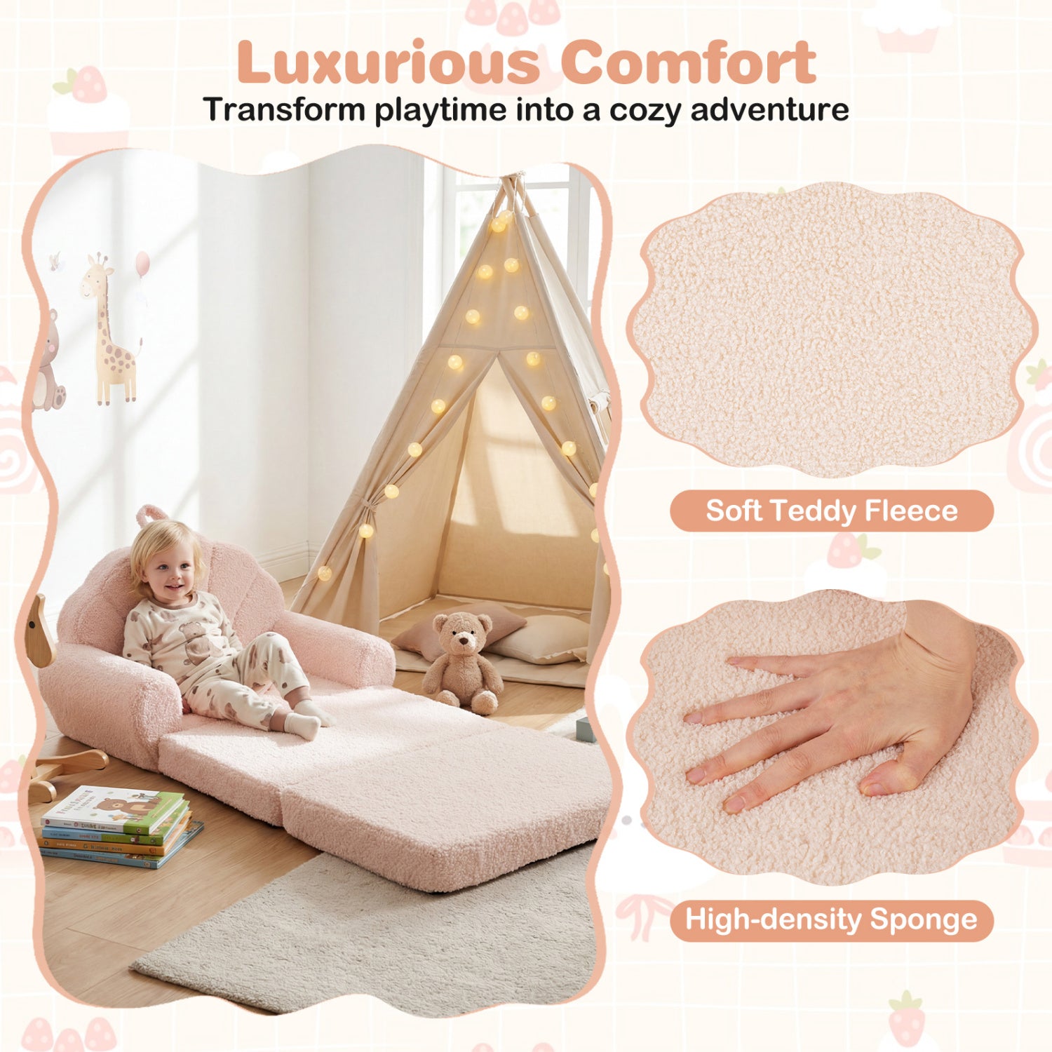 Convertible Kids Sofa 2-in-1 Fold out Toddler Couch Chair-Beige