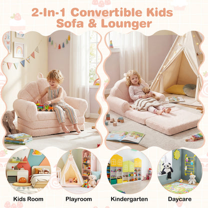 Convertible Kids Sofa 2-in-1 Fold out Toddler Couch Chair-Beige