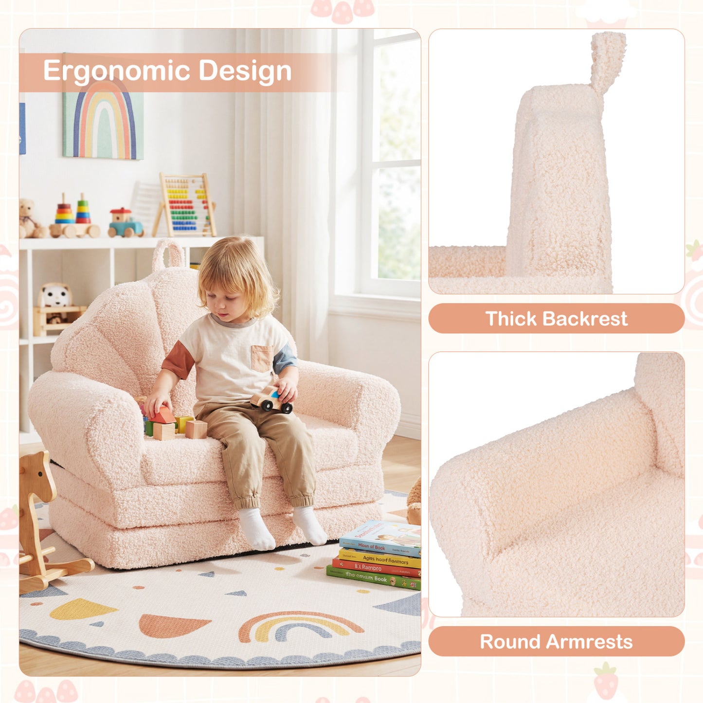 Convertible Kids Sofa 2-in-1 Fold out Toddler Couch Chair-Beige