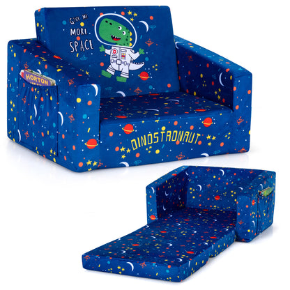2-in-1 Convertible Kids Sofa with Velvet Fabric-Light Blue - Blue