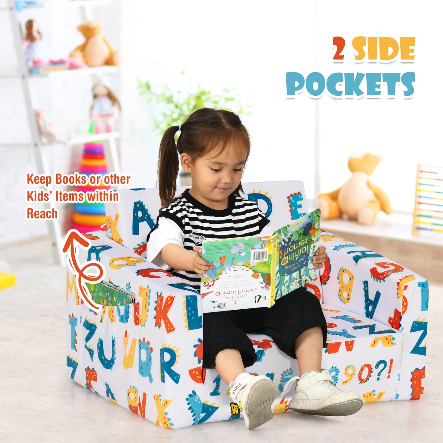 2-in-1 Convertible Kids Sofa with Velvet Fabric