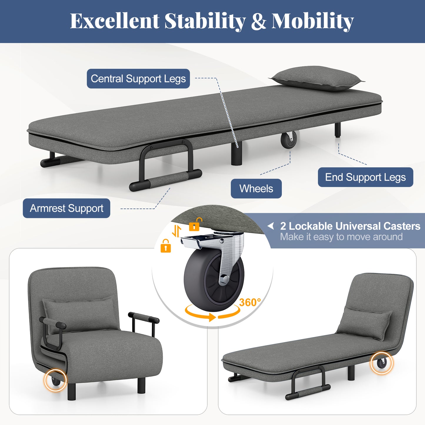3-in-1 Convertible Sofa Bed with 5-Position Adjustable Backrest and Lumbar Pillow