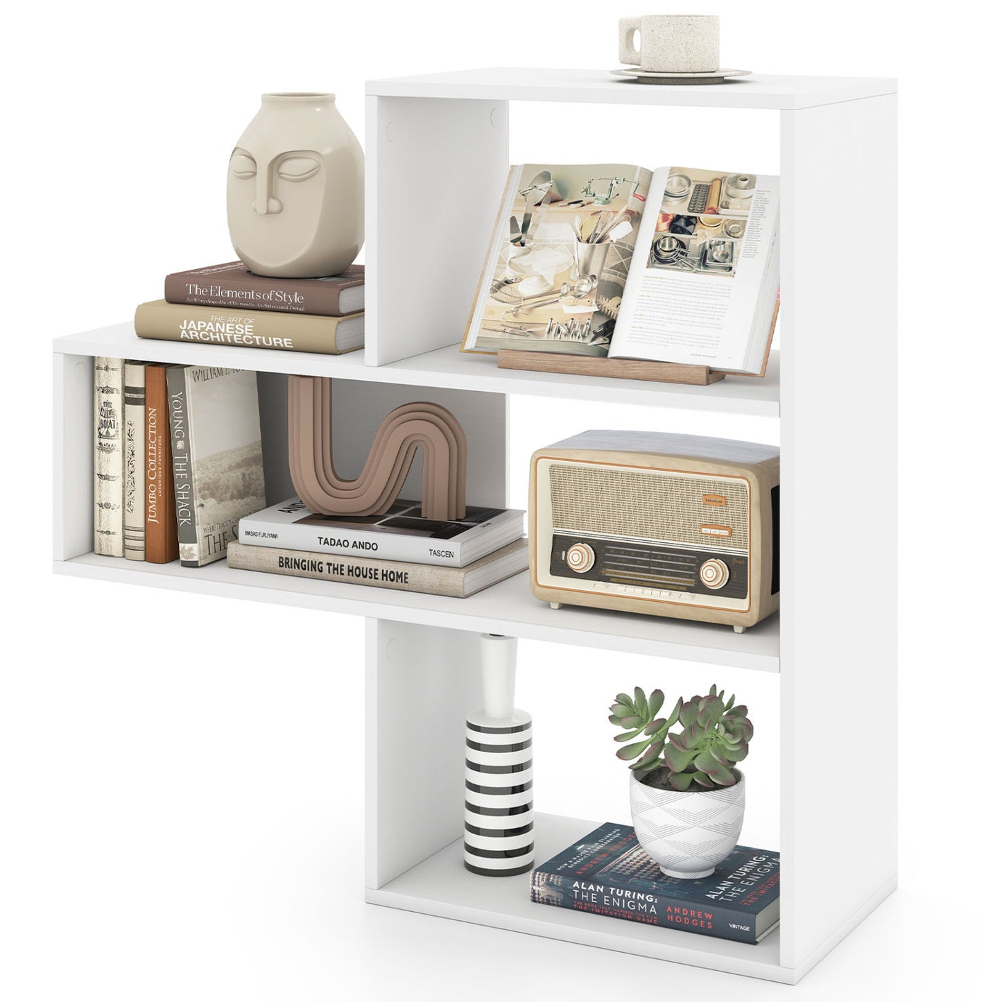 Convex Bookshelf with 3 Open Shelves and Anti-Tip Device
