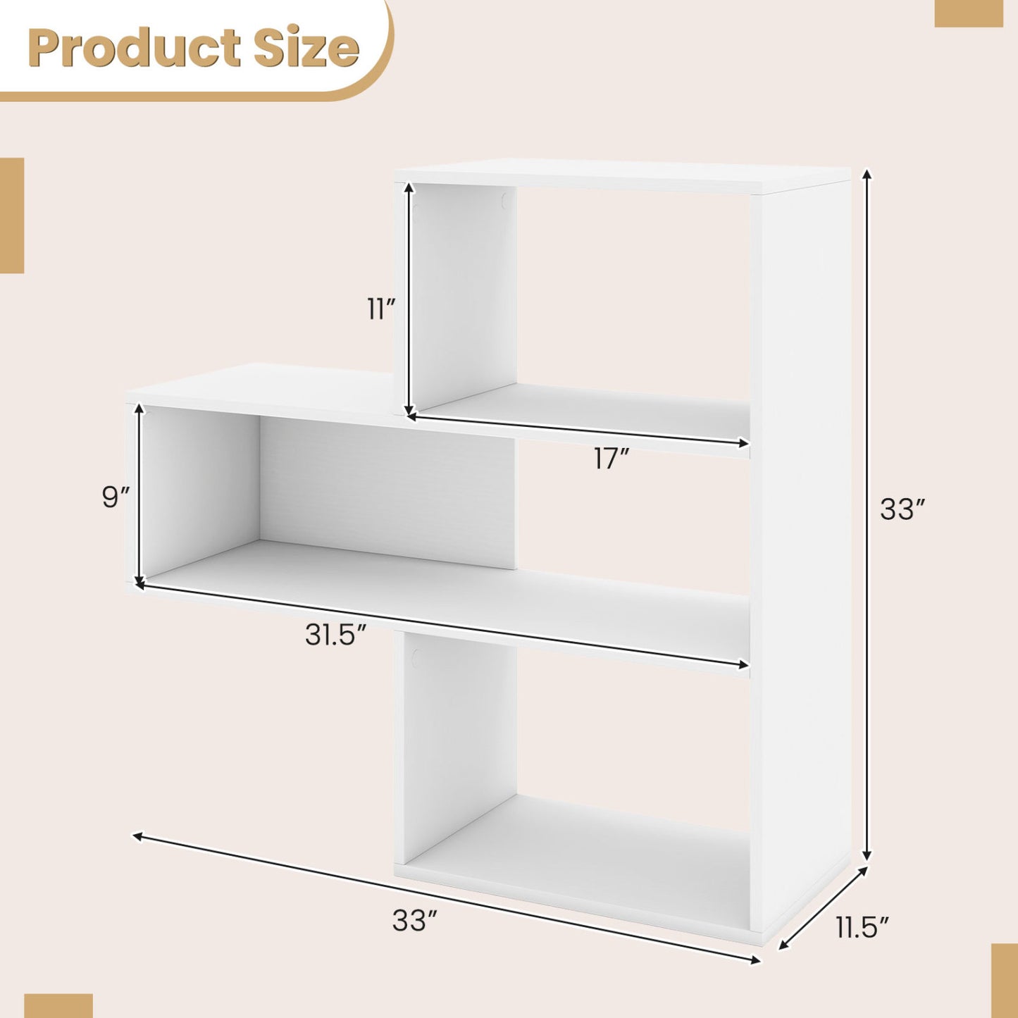 Convex Bookshelf with 3 Open Shelves and Anti-Tip Device