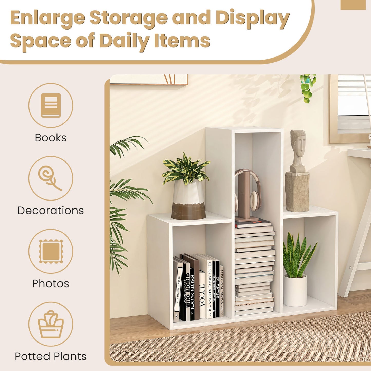 Convex Bookshelf with 3 Open Shelves and Anti-Tip Device