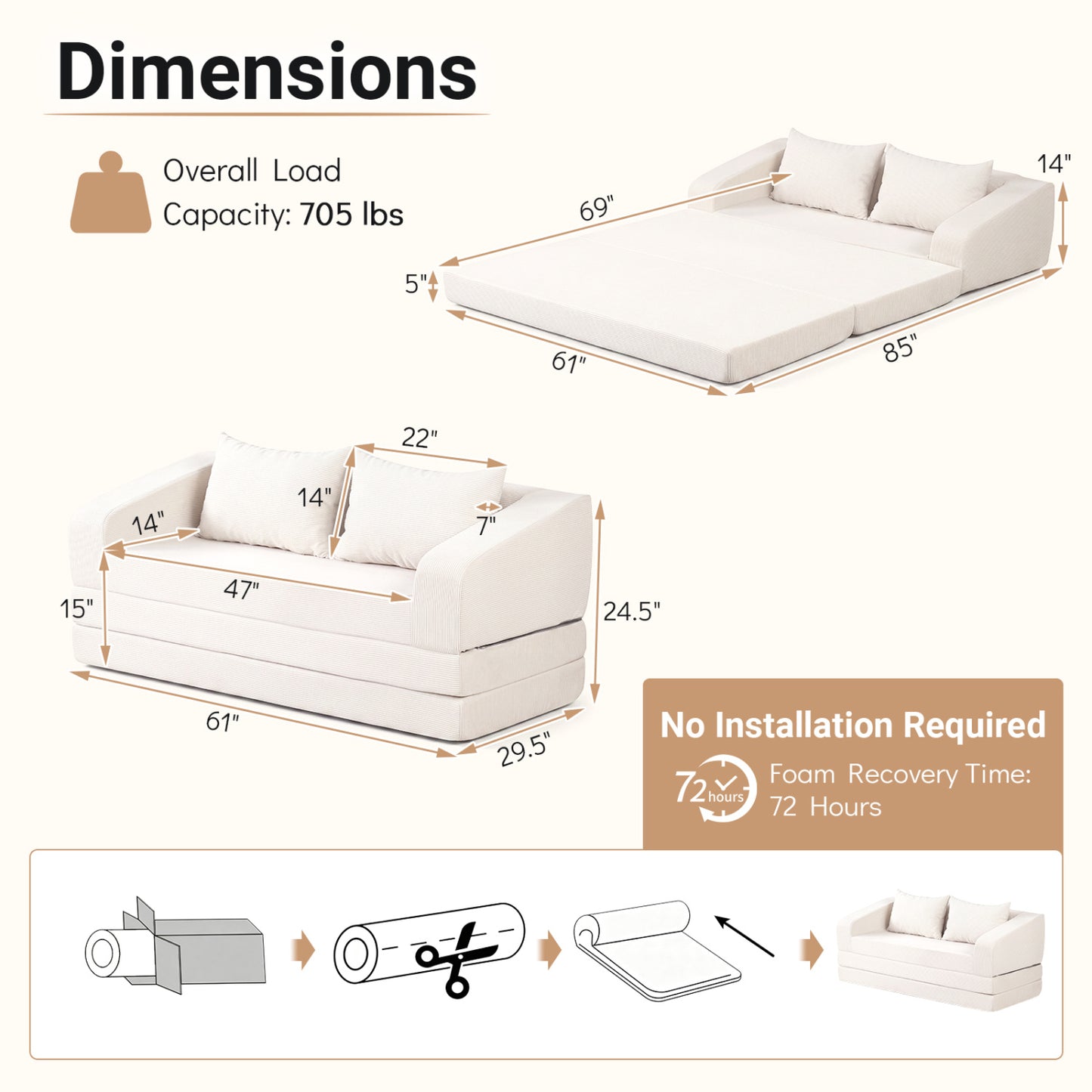 Corduroy Loveseat Sleeper Sofa with Removable Cushions