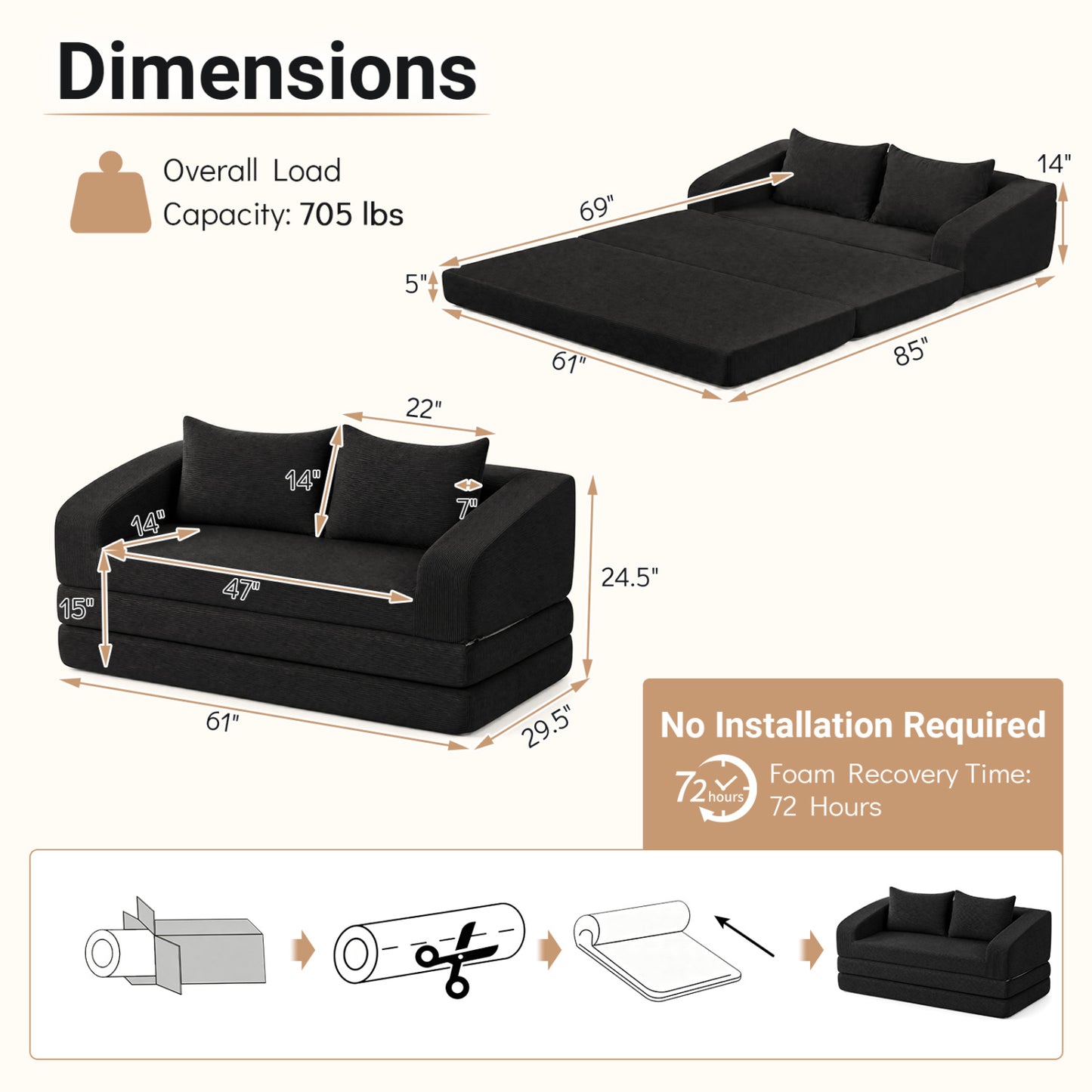 Corduroy Loveseat Sleeper Sofa with Removable Cushions