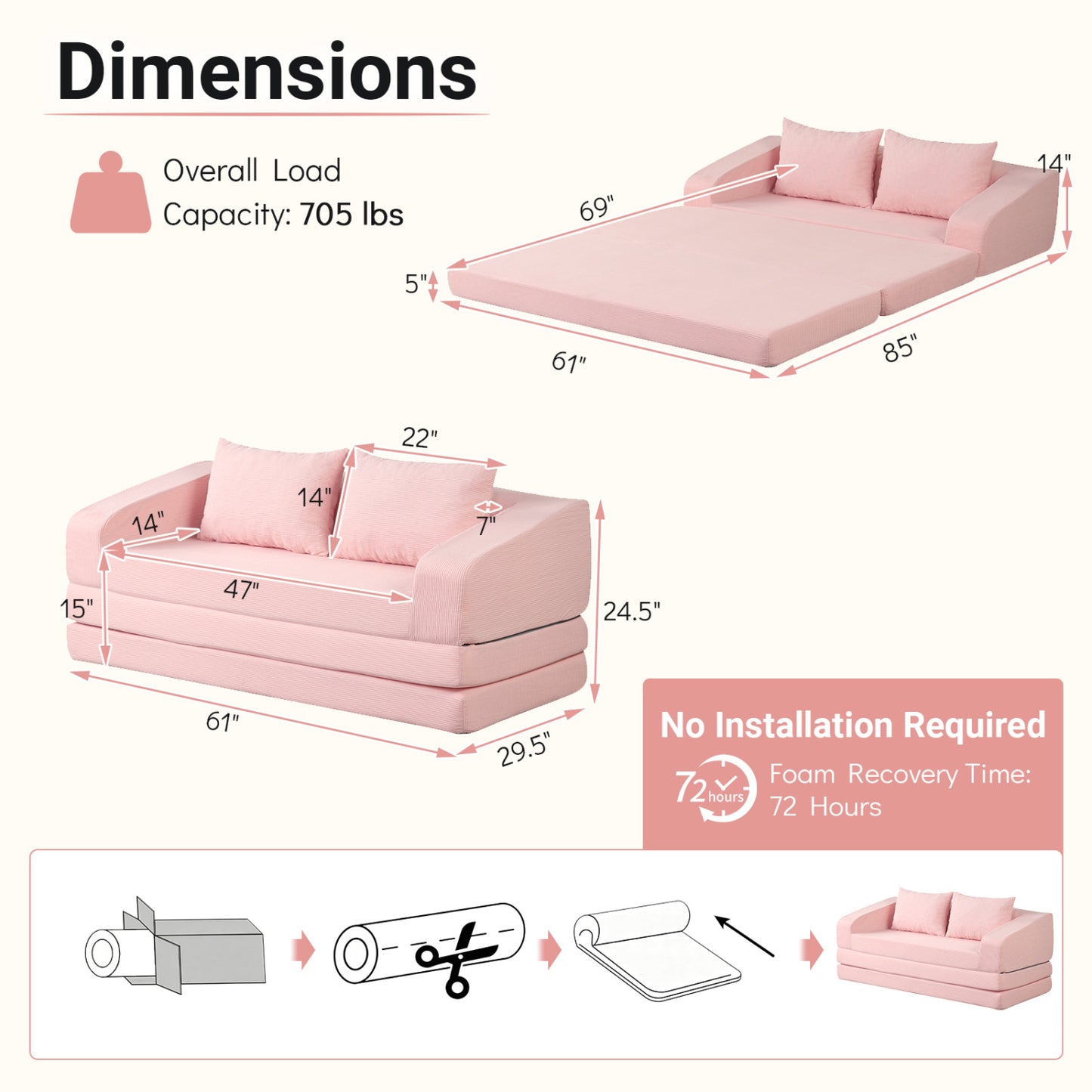 Corduroy Loveseat Sleeper Sofa with Removable Cushions