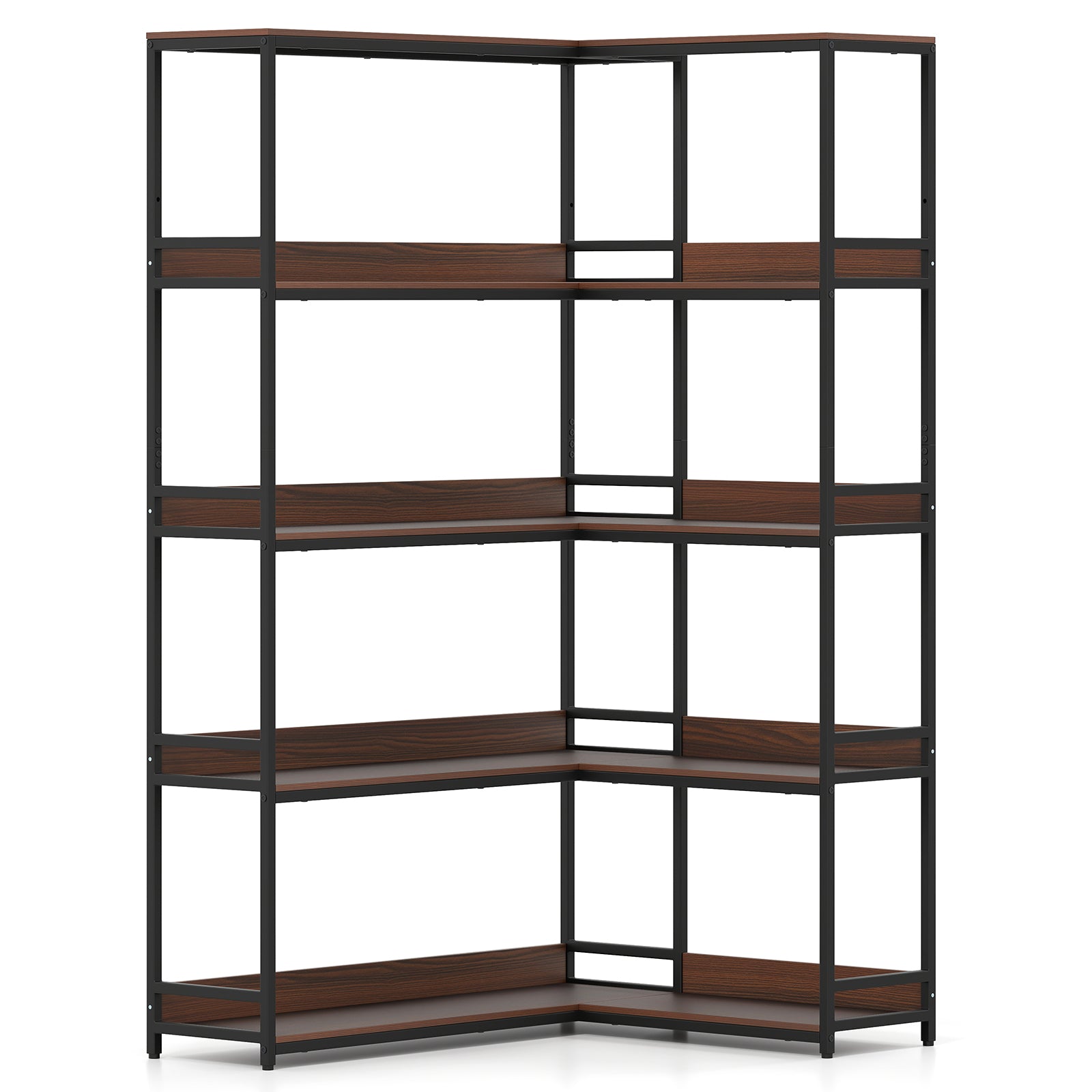 Corner Bookshelf 5-Tier L-Shaped Bookcase Etagere Bookshelf with Metal Frame-Walnut - Walnut