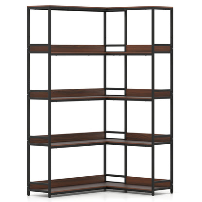 Corner Bookshelf 5-Tier L-Shaped Bookcase Etagere Bookshelf with Metal Frame-Walnut - Walnut