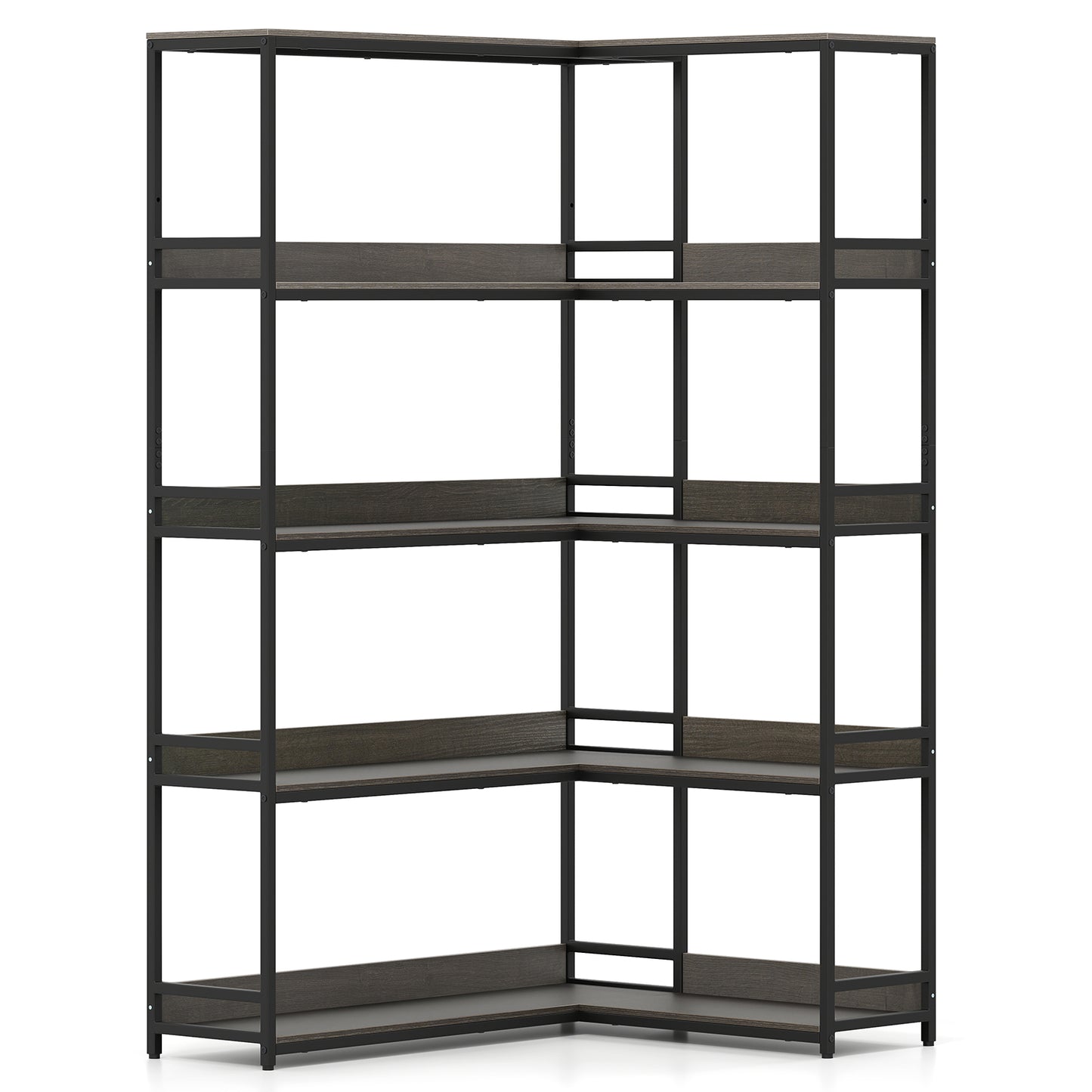 Corner Bookshelf 5-Tier L-Shaped Bookcase Etagere Bookshelf with Metal Frame-Walnut - Oak