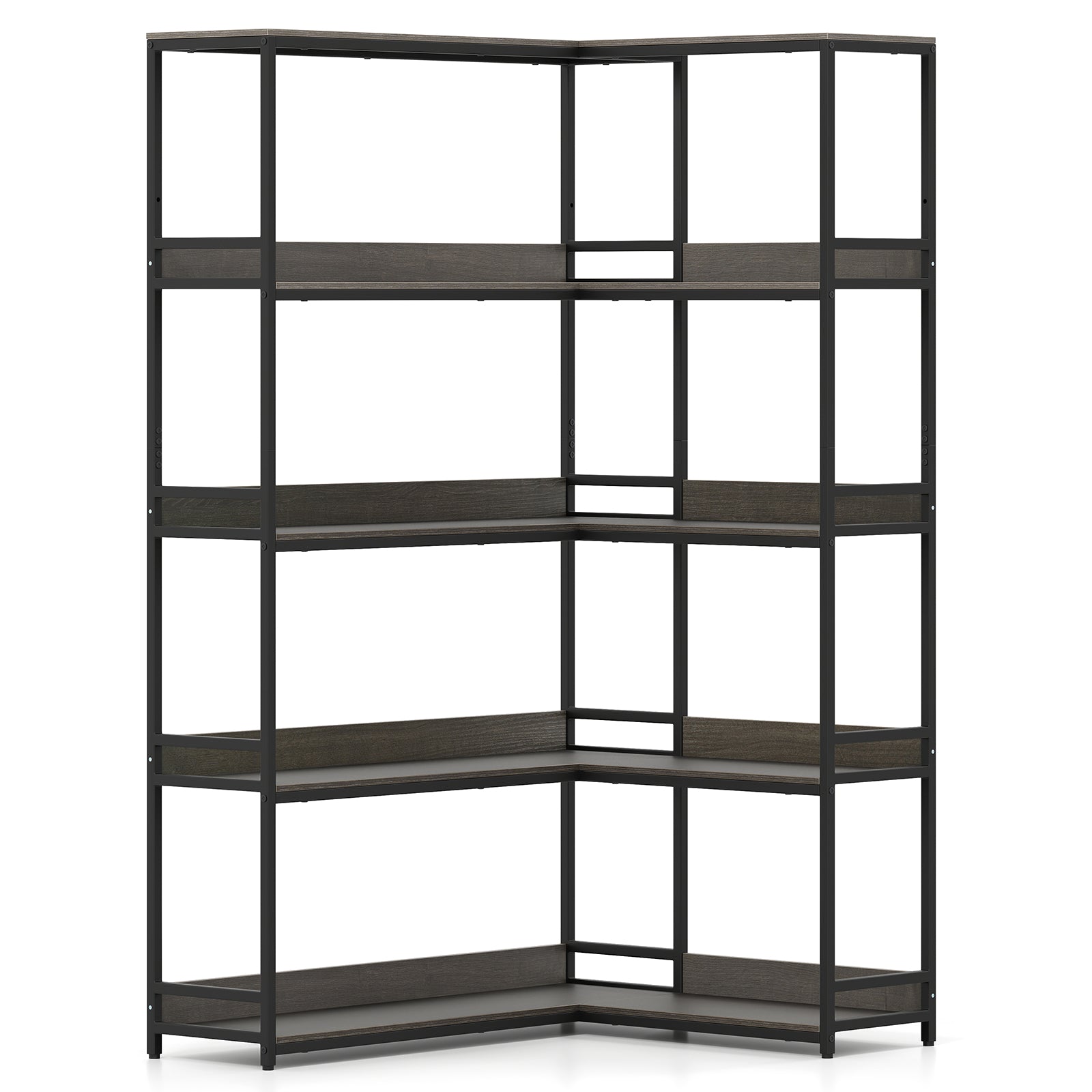 Corner Bookshelf 5-Tier L-Shaped Bookcase Etagere Bookshelf with Metal Frame-Walnut - Oak