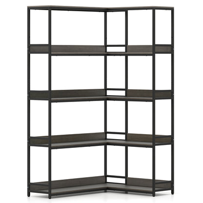 Corner Bookshelf 5-Tier L-Shaped Bookcase Etagere Bookshelf with Metal Frame-Walnut - Oak