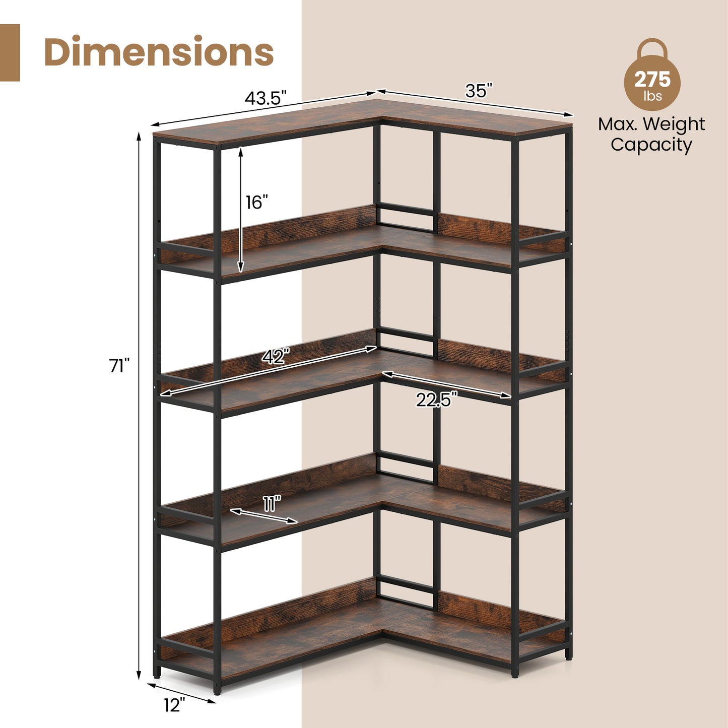Corner Bookshelf 5-Tier L-Shaped Bookcase Etagere Bookshelf with Metal Frame