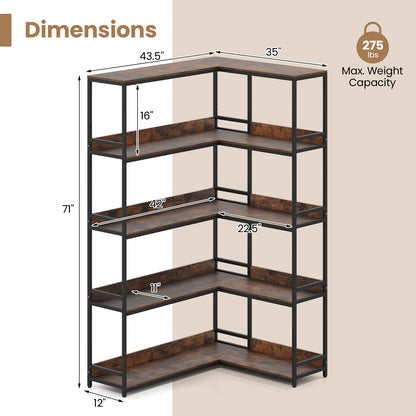 Corner Bookshelf 5-Tier L-Shaped Bookcase Etagere Bookshelf with Metal Frame