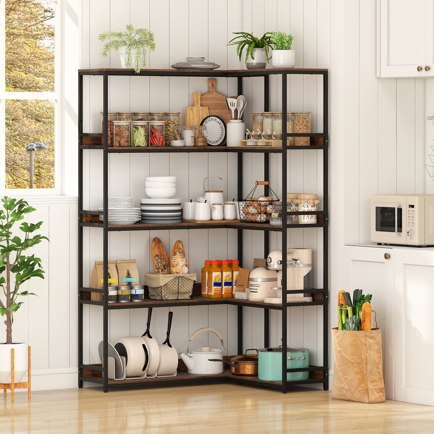 Corner Bookshelf 5-Tier L-Shaped Bookcase Etagere Bookshelf with Metal Frame