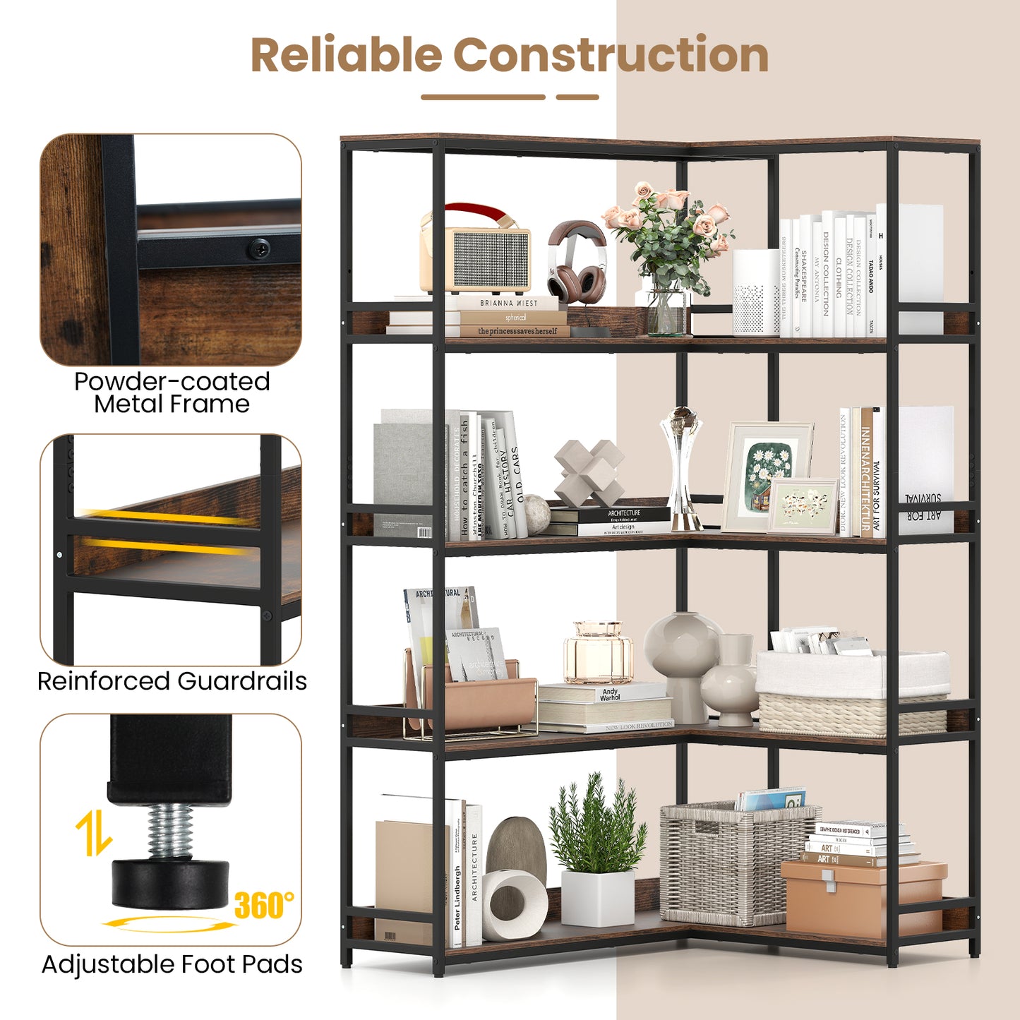 Corner Bookshelf 5-Tier L-Shaped Bookcase Etagere Bookshelf with Metal Frame