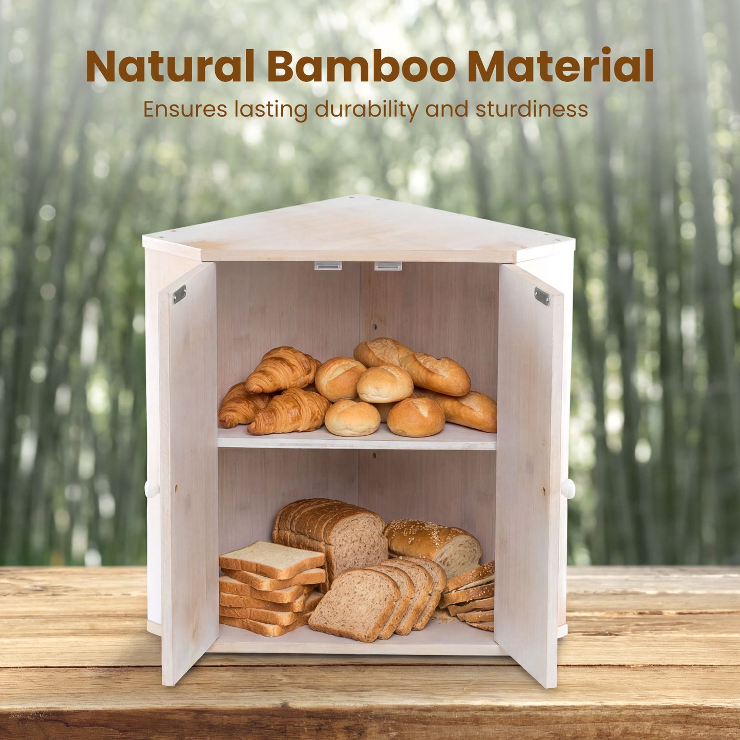 Corner Bread Box for Kitchen Counter Bamboo Double Layer Breadbox Organizer-White