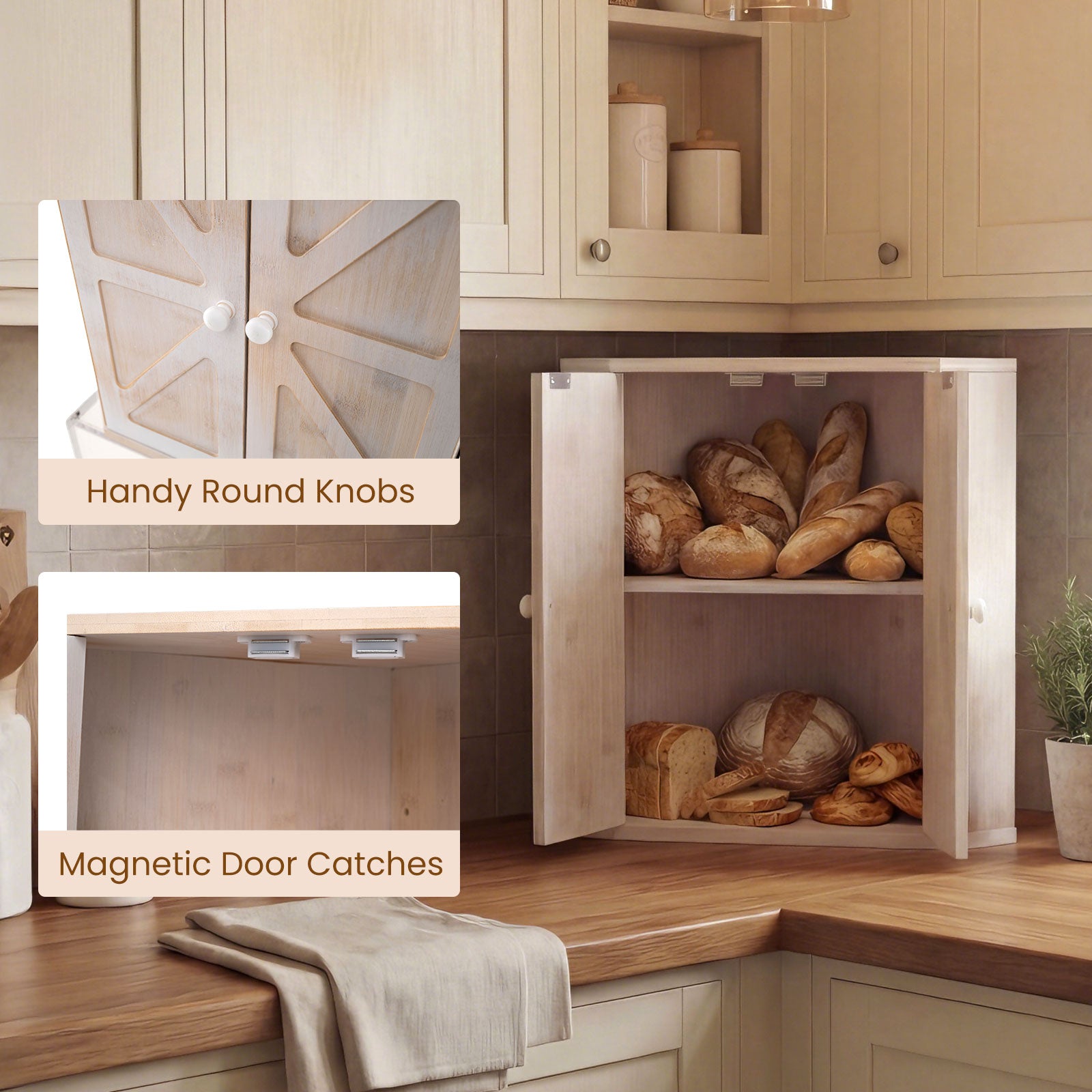Corner Bread Box for Kitchen Counter Bamboo Double Layer Breadbox Organizer-White
