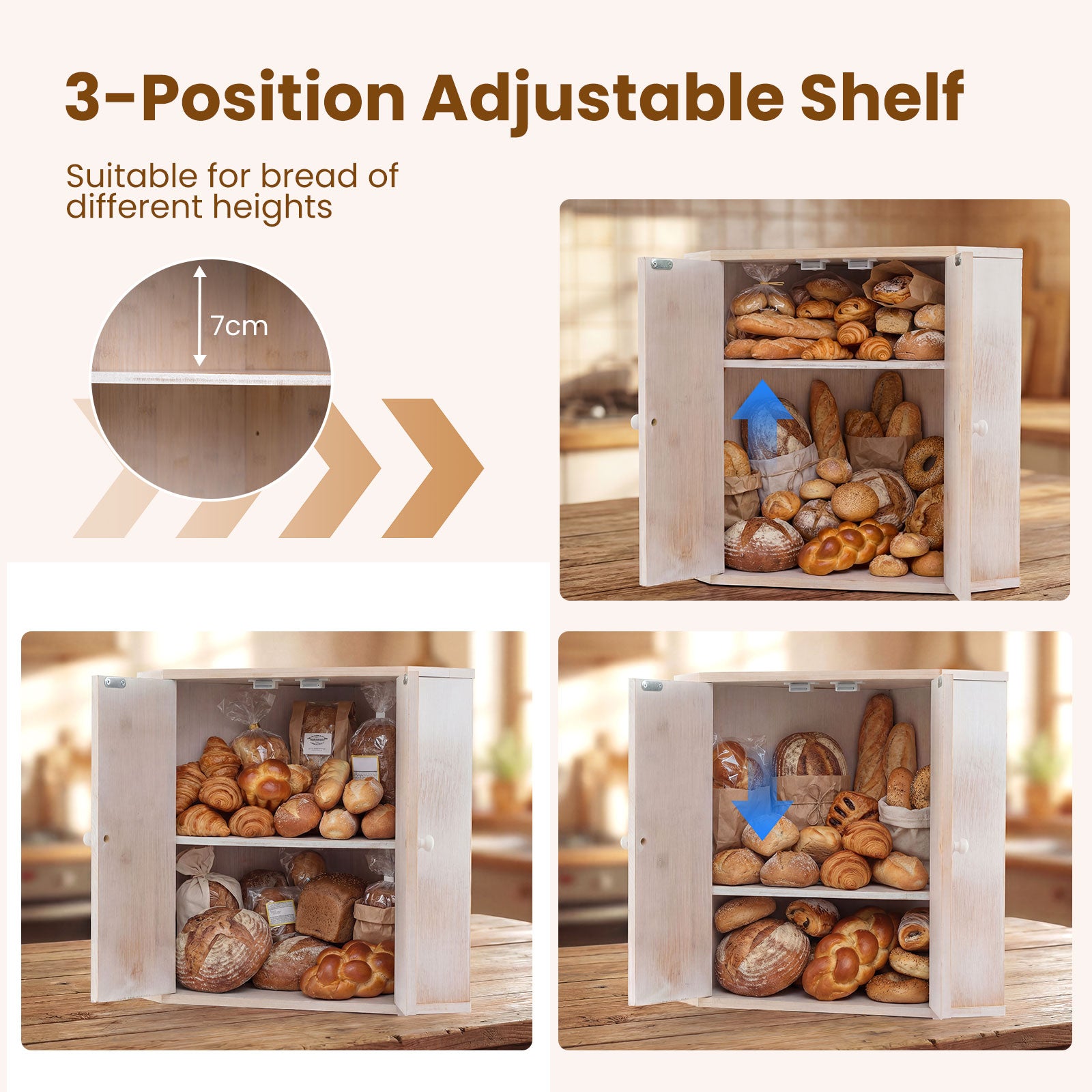 Corner Bread Box for Kitchen Counter Bamboo Double Layer Breadbox Organizer-White