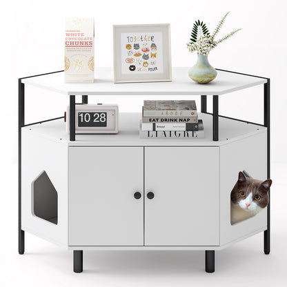 Corner Cat Litter Box Enclosure with Open Shelf 2 Entrances and Metal Legs