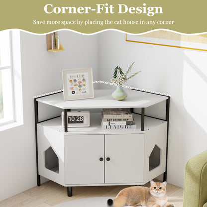 Corner Cat Litter Box Enclosure with Open Shelf 2 Entrances and Metal Legs