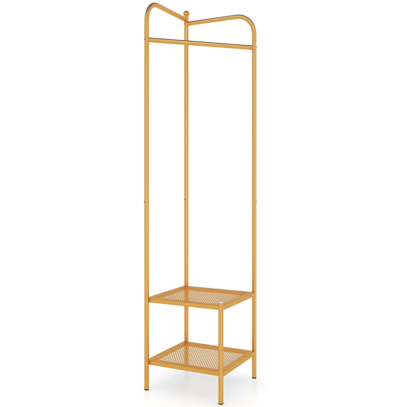 Corner Coat Rack with Top Hanger and 2 Mesh Shelves for Entryway Hallway Living Room Bedroom-Golden