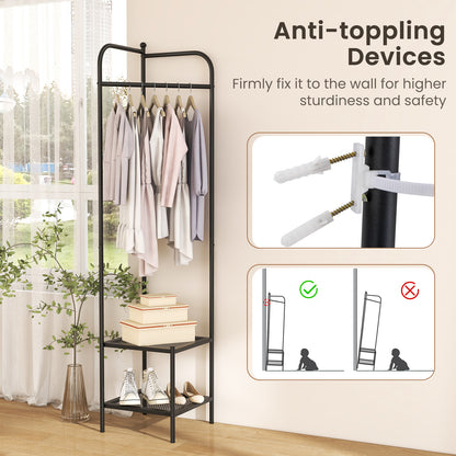 Corner Coat Rack with Top Hanger and 2 Mesh Shelves for Entryway Hallway Living Room Bedroom-Black