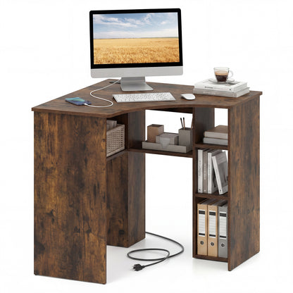 Corner Computer Desk Triangle Home Office Desk with Adjustable Shelf and Arc-Shaped Profile-Natural - Rustic Brown