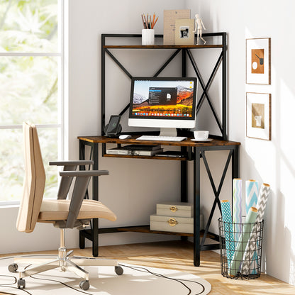 Space-Saving Corner Computer Desk with with Hutch and Keyboard Tray