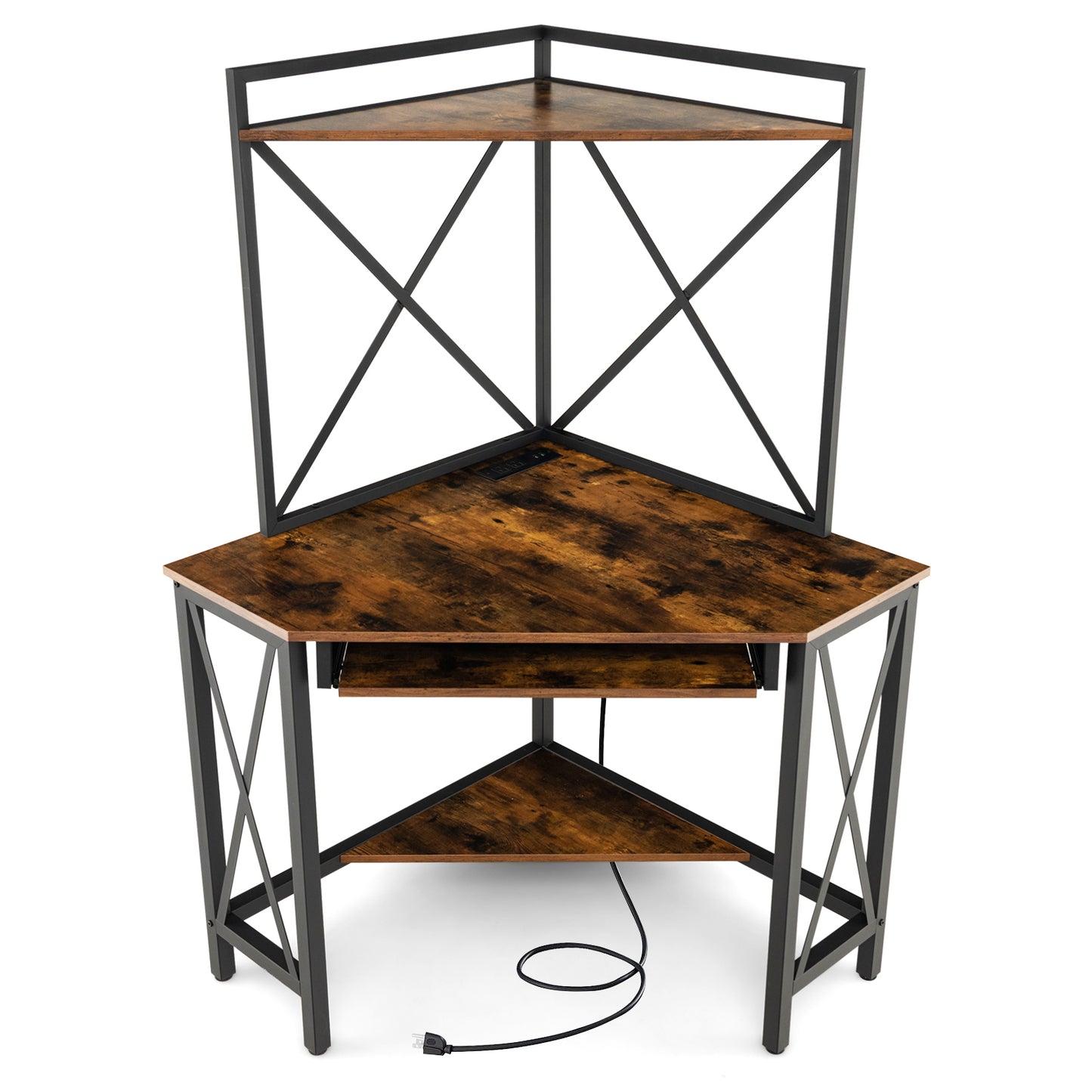 Space-Saving Corner Computer Desk with with Hutch and Keyboard Tray