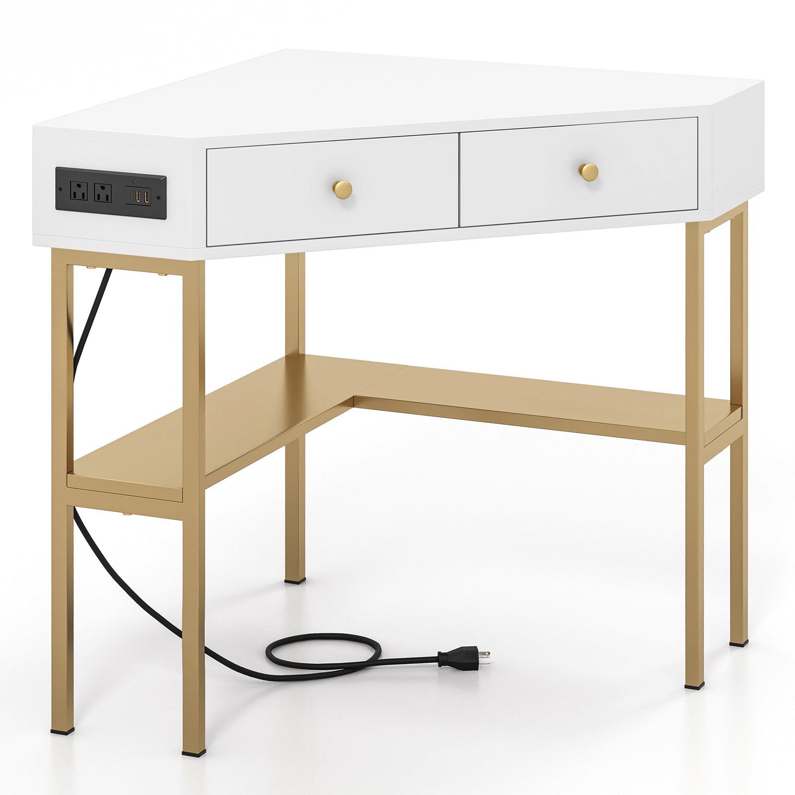 Triangle Corner Desk with Charging Station with 2 Drawers and Storage Shelf-Golden - Golden
