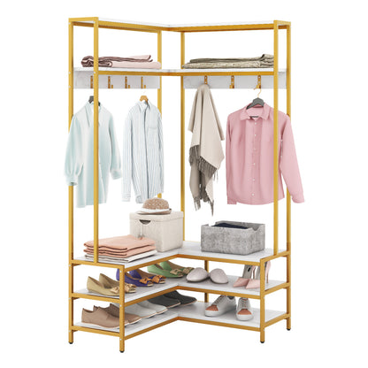 Corner Garment Rack with Open Shelves and 7 Hooks Shoe Bench-Rustic Brown - White
