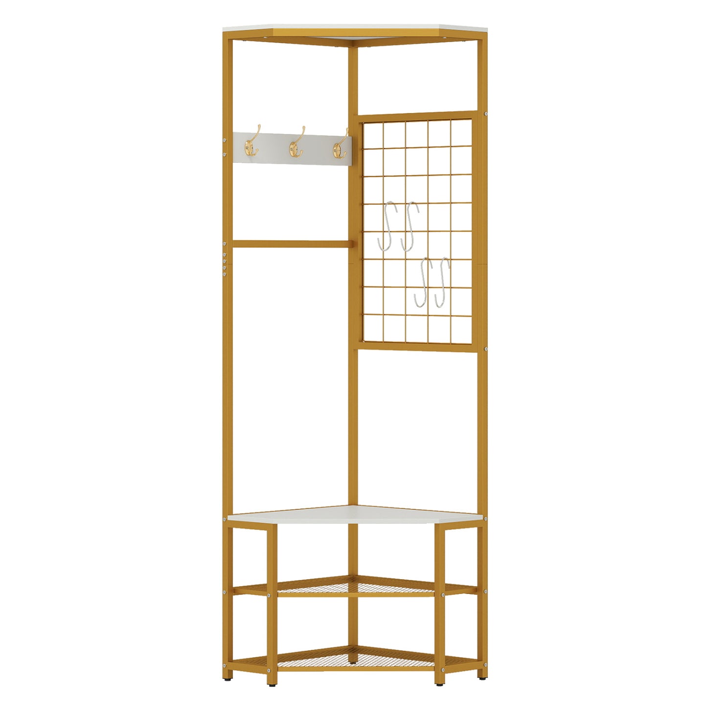 Corner Hall Tree Freestanding Coat Rack with Storage Shelves Removable Hooks-White