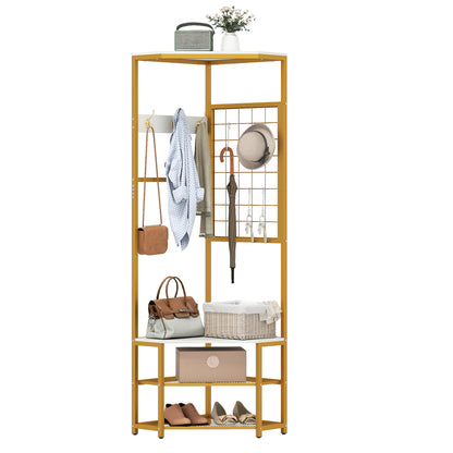 Corner Hall Tree Freestanding Coat Rack with Storage Shelves Removable Hooks-White