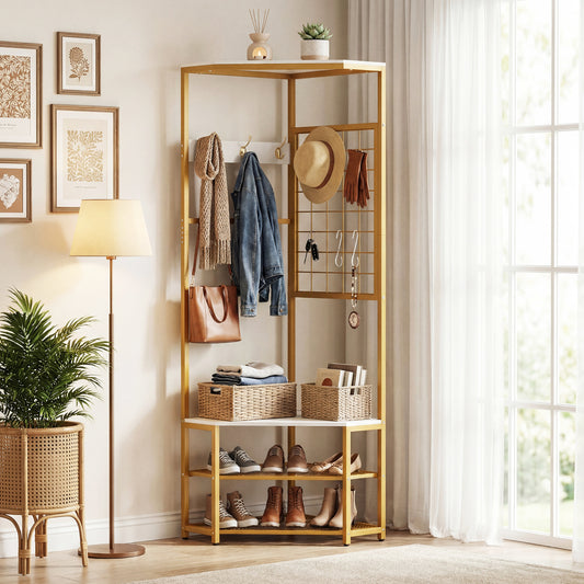 Corner Hall Tree Freestanding Coat Rack with Storage Shelves Removable Hooks-White