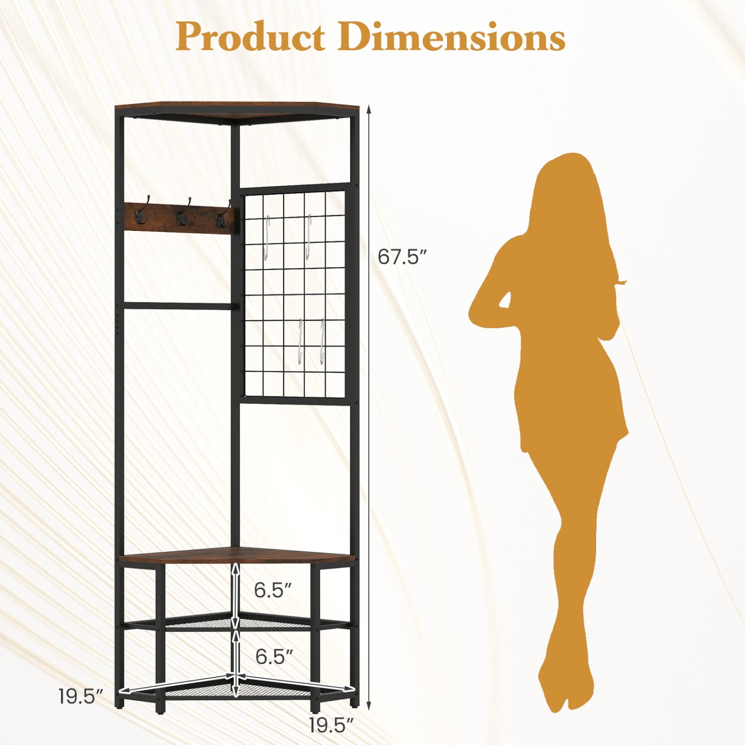 Corner Hall Tree Freestanding Coat Rack with Storage Shelves Removable Hooks-Brown