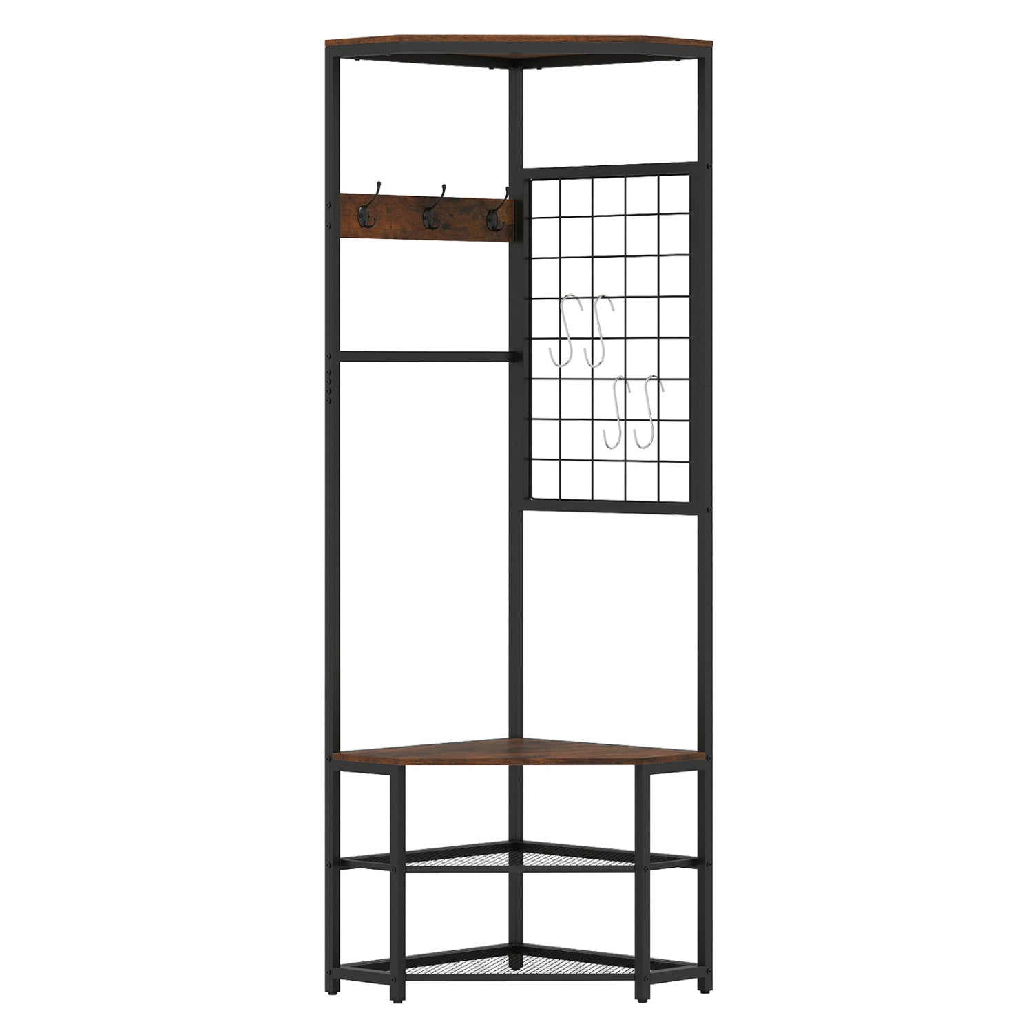 Corner Hall Tree Freestanding Coat Rack with Storage Shelves Removable Hooks-Brown