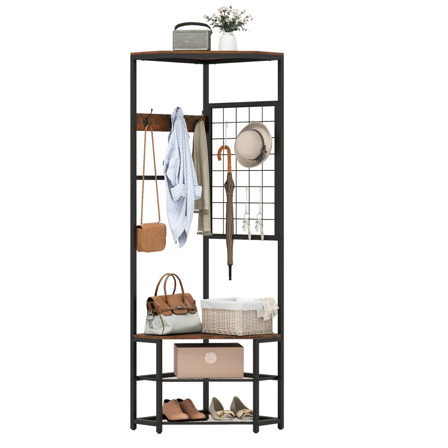 Corner Hall Tree Freestanding Coat Rack with Storage Shelves Removable Hooks-Brown