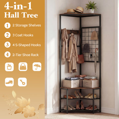 Corner Hall Tree Freestanding Coat Rack with Storage Shelves Removable Hooks-Brown