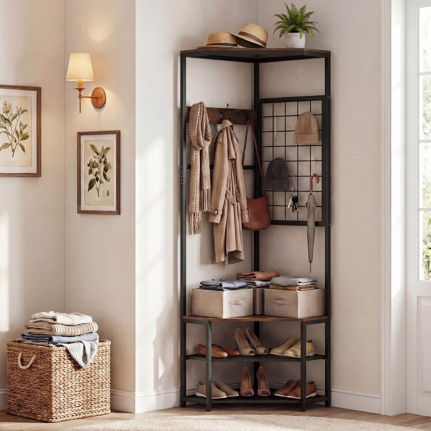 Corner Hall Tree Freestanding Coat Rack with Storage Shelves Removable Hooks-Brown